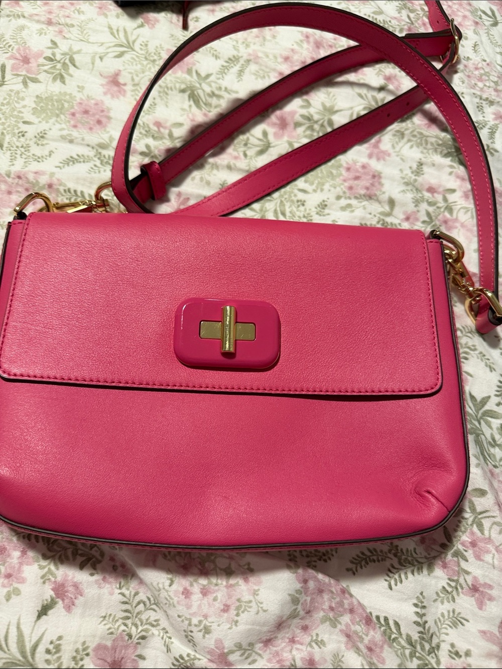 Women's Hot Pink Leather Crossbody Bag with Gold-Tone Turn Lock